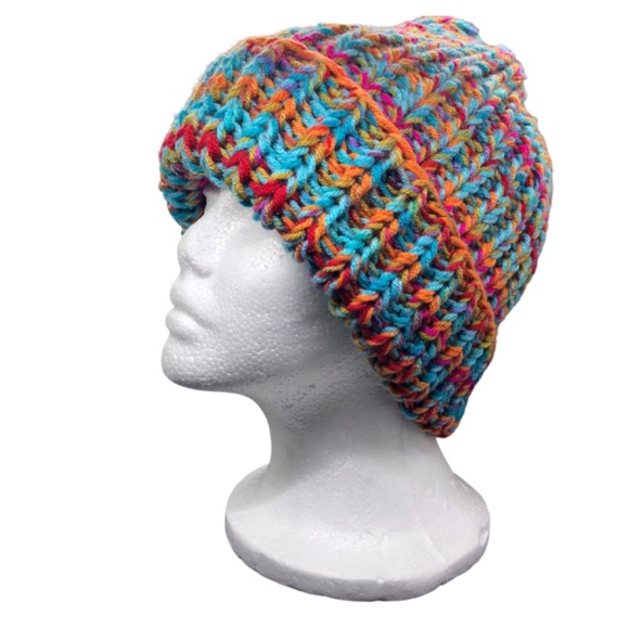 Chunky Ribbed Toboggan Hand Crochet Kaleidoscope Beanie Brim Hat main image 6
